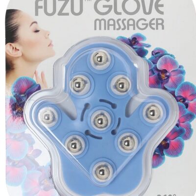 Fuzu Glove Massager Pastel with nine metal roller balls shown in blue and purple on a soft background
