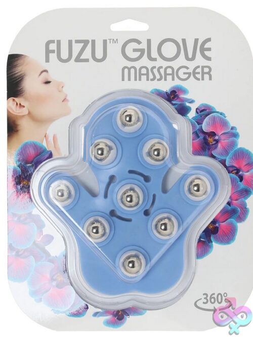Fuzu Glove Massager Pastel With Nine Metal Roller Balls Shown In Blue And Purple On A Soft Background