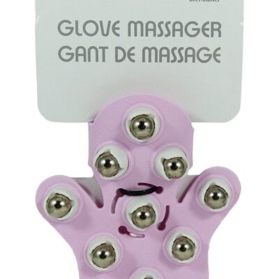 Fuzu Glove Massager Pastel with nine metal roller balls shown in blue and purple on a soft background