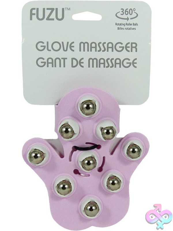 Discreet-Toys-Fuzu-Glove-Massager-Pastel-Pink-Nu-Rglove-19P Fuzu Glove Massager Pastel With Nine Metal Roller Balls Shown In Blue And Purple On A Soft Background