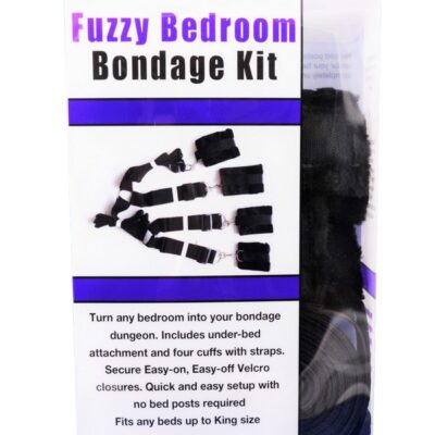 Fuzzy black wrist and ankle bondage cuff kit with under-mattress straps by S&G Pleasure