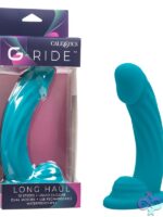 Bendable blue silicone vibrating probe with ridged shaft and curved tip by California Exotic Novelties