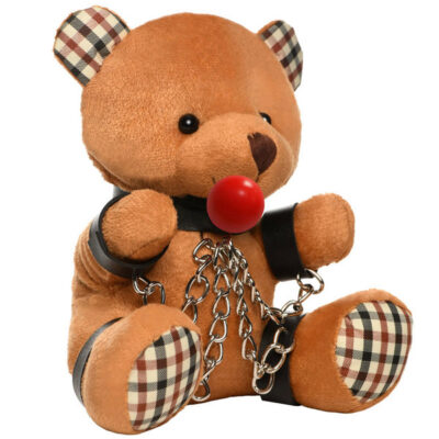 Gagged Teddy Bear Plush by XR Brands — collared plush bear with wrist cuffs, ankle cuffs, and nickel-free chains