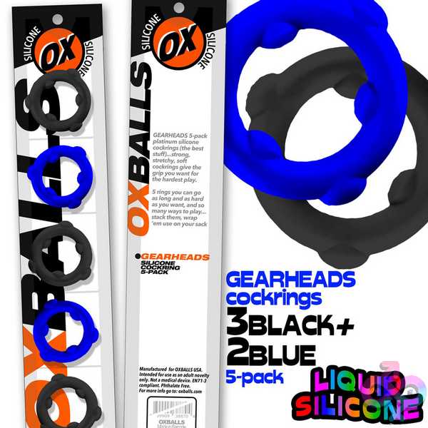 Discreet-Toys-Gearheads-5-Pack-Spinner-Rings-Blue-Black-Ox-3203-Gcbk Gearheads 5 Pack Spinner Rings - Image 1