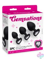 Three-piece graduated silicone anal training kit with rhinestone heart bases in black by Gemsations