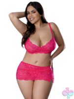 Three-piece pink lace bra skirt and thong lingerie set with satin bow and scalloped edges by Magic Silk