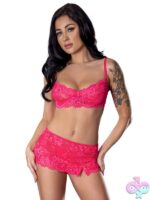Three-piece pink stretch lace bra skirt and thong lingerie set with satin bow by Magic Silk