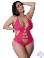 Diva Pink lace halter teddy with satin bow and snap crotch by Magic Silk