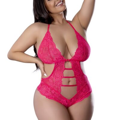 Diva Pink lace halter teddy with satin bow and snap crotch by Magic Silk