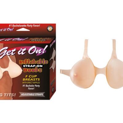 Inflatable F-cup strap-on novelty boobs in beige PVC with adjustable straps by Nasstoys