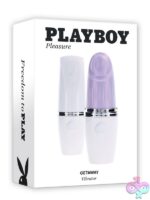 Purple travel tapping toy styled as a lipstick case in body-safe silicone by Playboy Pleasure