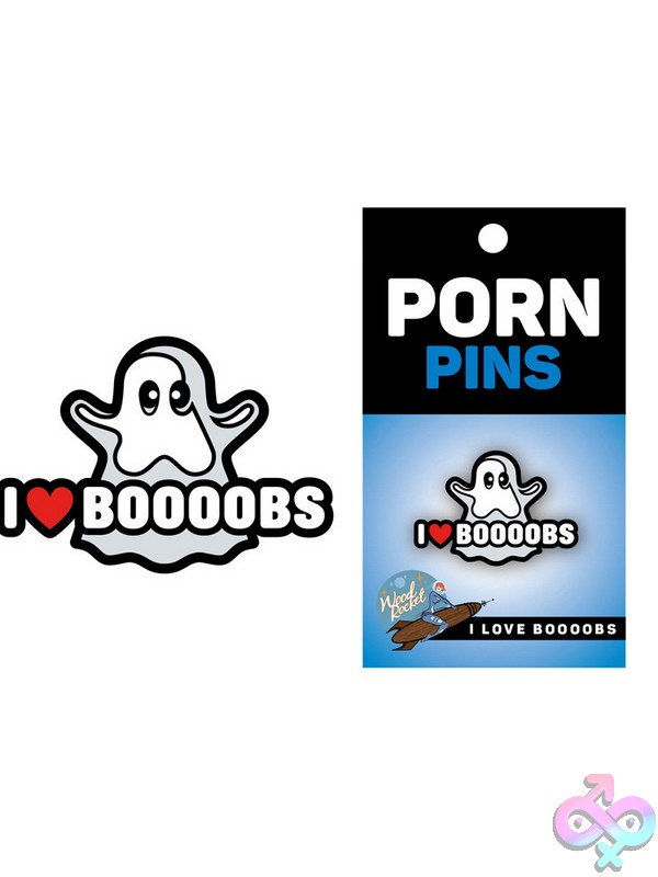 Discreet-Toys-Ghost-I-Heart-Boobs-Pin-Nu-Epp-013 White Soft Enamel Ghost Lapel Pin By Wood Rocket Shown On Denim Jacket Collar