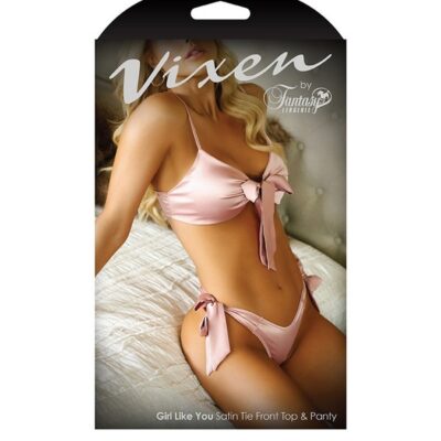 Petal pink stretch satin tie front top and cheeky panty set by Fantasy Lingerie