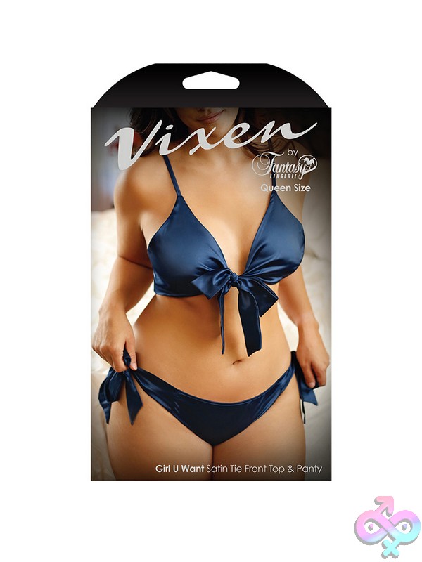 Discreet-Toys-Girl-U-Want-Satin-Tie-Front-Top-Panty-Queen-Size-Nu-V742-Nvy-Qs-B Blue Satin Tie-Front Top And Side-Tie Panty Queen-Size Lingerie Set By Fantasy Lingerie