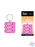 Pink enamel Girls Girls Girls neon sign keychain by Wood Rocket on a white background