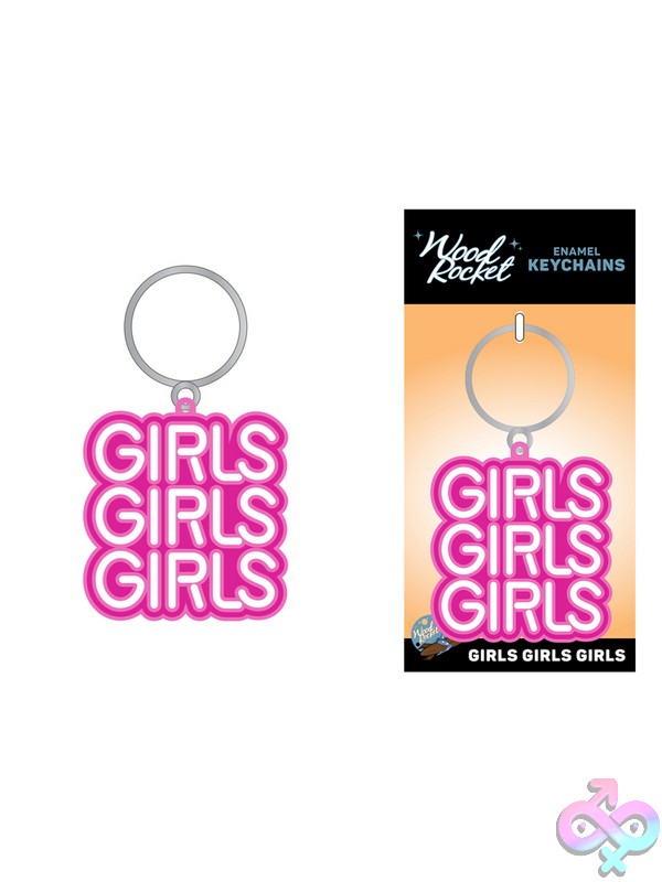 Discreet-Toys-Girls-Girls-Girls-Key-Chain-Nu-Key-023 Pink Enamel Girls Girls Girls Neon Sign Keychain By Wood Rocket On A White Background