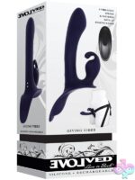 Giving Vibes triple motor strap-on rabbit vibrator in black silicone with adjustable harness by Evolved Novelties