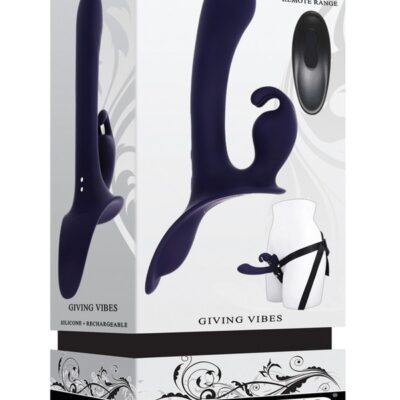 Giving Vibes triple motor strap-on rabbit vibrator in black silicone with adjustable harness by Evolved Novelties