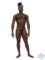 Gladiator one-piece black leather-look harness thong with pyramid studs and choker collar by Male Power
