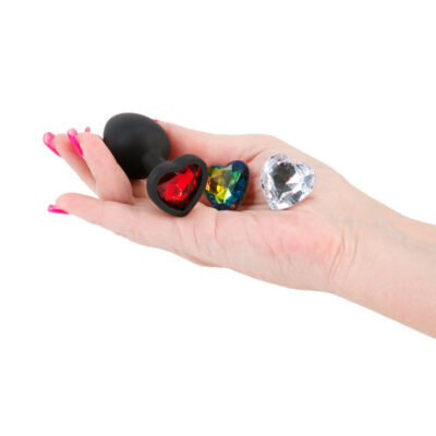 Glams Xchange Heart small black silicone anal plug with swappable gem base by nsnovelties