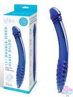 Curved dual-ended blue glass dildo with ribbed and nubbed tips by Glas