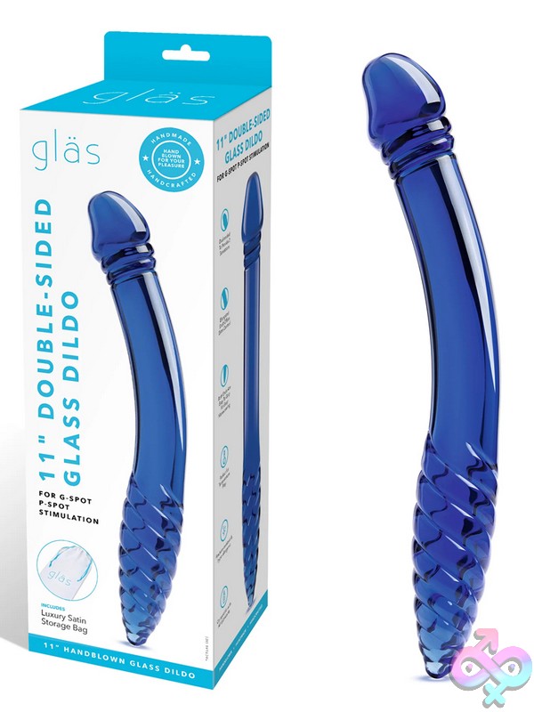 Discreet-Toys-Glas-11-Double-Sided-Glass-Dildo-For-G-Spot-P-Spot-Stimulation-Nu-Glas-169 Curved Dual-Ended Blue Glass Dildo With Ribbed And Nubbed Tips By Glas