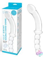 12.5 inch double-ended clear glass dildo with curved teardrop tip and beaded handle by Glas
