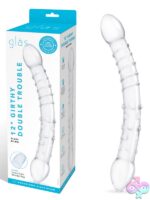 12-inch dual-ended textured glass dildo with swirled and nubbed teardrop tips by Glas