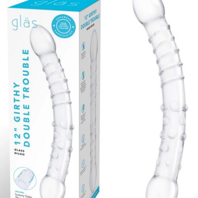 12-inch dual-ended textured glass dildo with swirled and nubbed teardrop tips by Glas