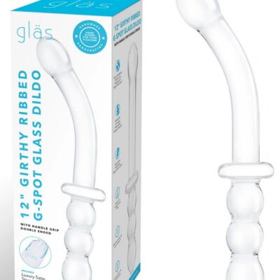 12-inch double-ended ribbed glass G-spot dildo in white by Glas