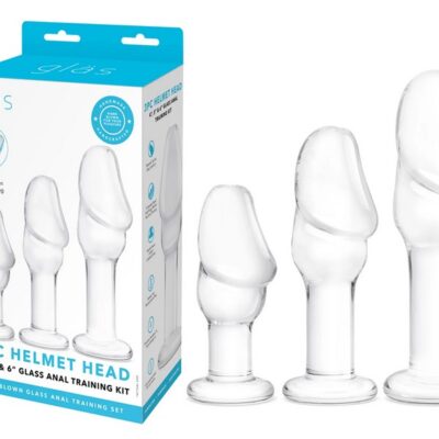 Three graduated clear glass helmet-head anal plugs in 4-inch, 5-inch, and 6-inch sizes by Glas