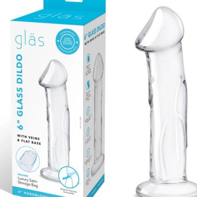 6-inch veined realistic glass dildo with flat base, clear glass, by Glas