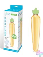 Bunny's Secret 7.25 inch yellow glass dildo with bunny accents by Glas