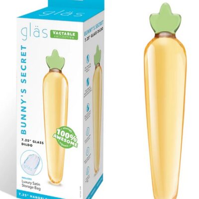 Bunny's Secret 7.25 inch yellow glass dildo with bunny accents by Glas