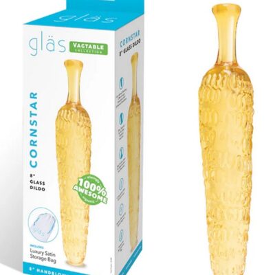 Gold textured corn-shaped handblown glass dildo by Glas, 8 inches total length with raised kernel ridges