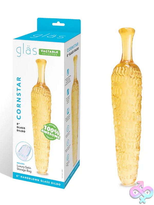 Discreet-Toys-Glas-Cornstar-8-Glass-Dildo-Nu-Glas-176 Gold Textured Corn-Shaped Handblown Glass Dildo By Glas, 8 Inches Total Length With Raised Kernel Ridges