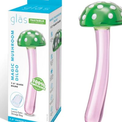 Handblown pink and green mushroom glass dildo by Glas