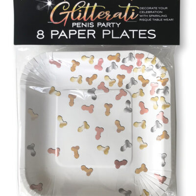 Glitterati Penis Party Paper Plates 8 Count by Little Genie — sparkling novelty bachelorette tableware