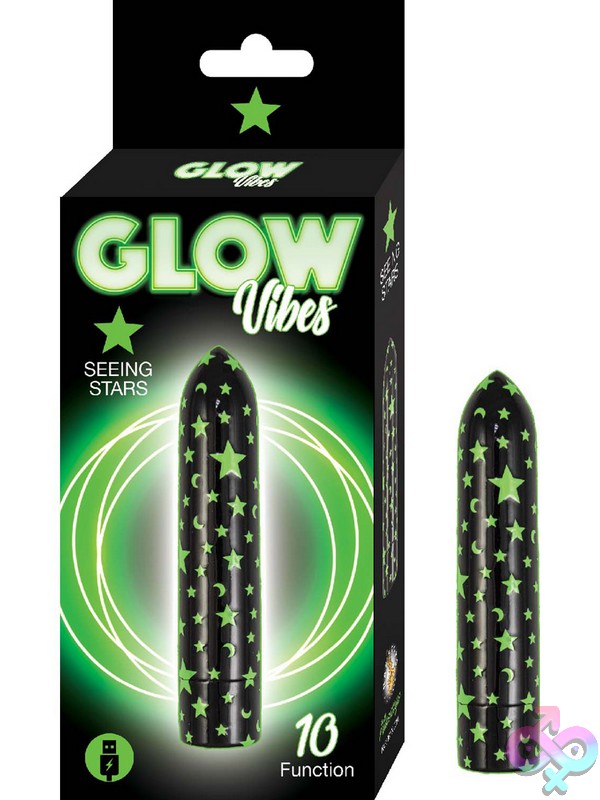 Discreet-Toys-Glow-Vibes-Seeing-Stars-Black-Nu-Nw3182 Glow-In-The-Dark Black Bullet Vibrator With Star Design By Nasstoys, Shown Against A Dark Background