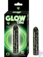 Heart-shaped glow-in-the-dark black bullet vibrator by Nasstoys, shown against a dark background highlighting the luminous effect
