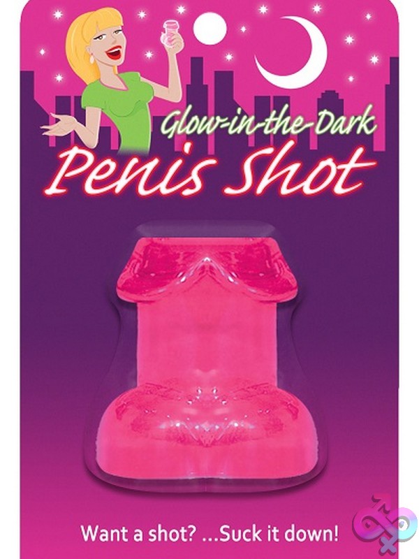 Discreet-Toys-Glowing-Penis-Shot-Pink-Nu-Kgnv-E23 Pink Glow-In-The-Dark Novelty Shot Glass By Kheper Games Charged And Glowing Against A Dark Background