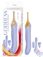 Goddess Elegance clitoral vibrator massager in pink and purple on a soft neutral background
