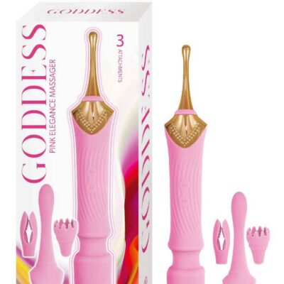 Goddess Elegance clitoral vibrator massager in pink and purple on a soft neutral background