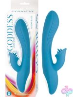 Goddess Lavish Desire rabbit vibrator in blue and orange on a soft neutral background