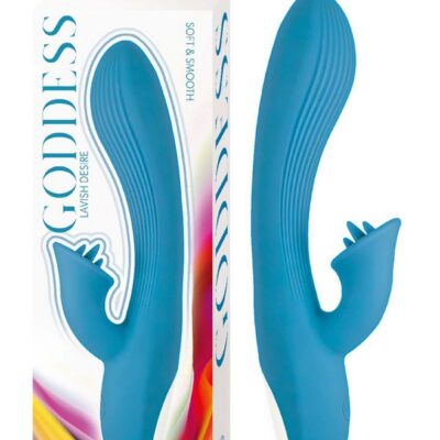 Goddess Lavish Desire rabbit vibrator in blue and orange on a soft neutral background
