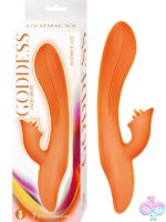 Goddess Lavish Desire rabbit vibrator in blue and orange on a soft neutral background