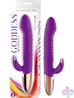 Goddess Thrusting Delight rechargeable rabbit vibrator in purple and red on a soft neutral background