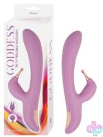 Goddess Tri-Tip personal massager in pink showing two interchangeable tip covers and ergonomic curved silicone design