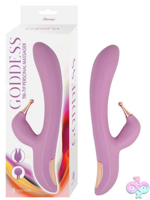 Goddess Tri-Tip Personal Massager In Pink Showing Two Interchangeable Tip Covers And Ergonomic Curved Silicone Design