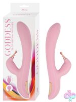 Goddess Tri-Tip personal massager in pink showing two interchangeable tip covers and ergonomic curved silicone design